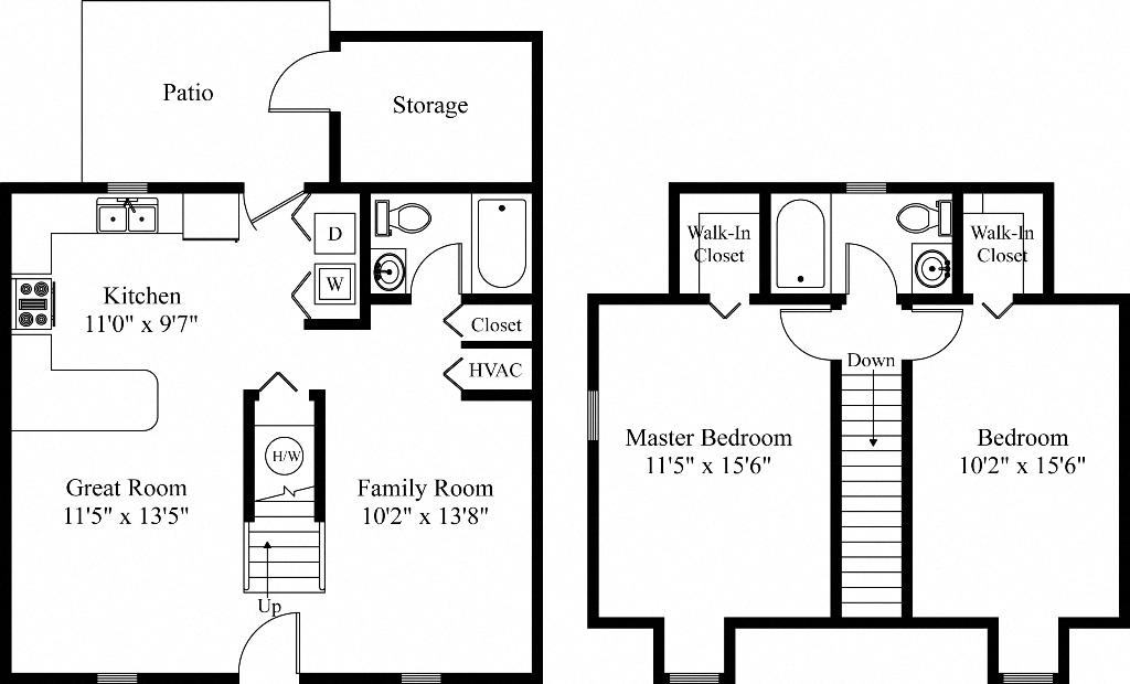 Floor plan for 2 beds, 2 baths, 1100 sqft